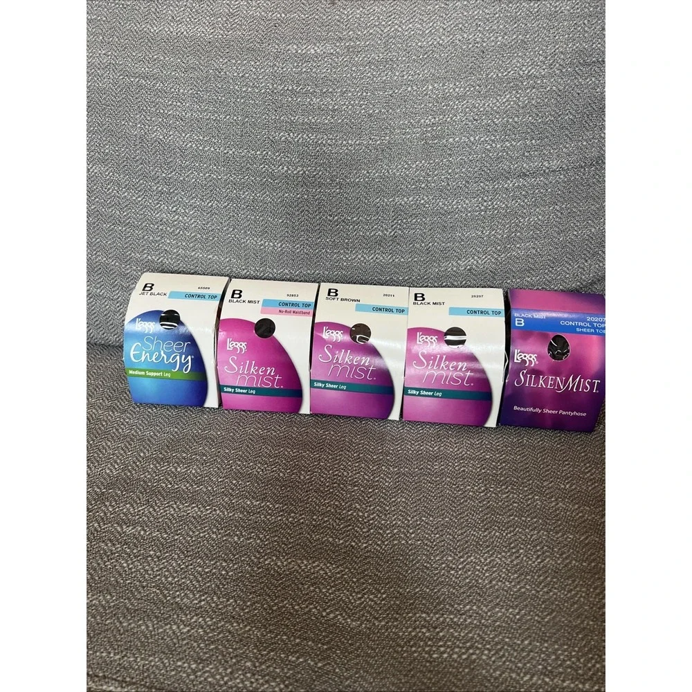 Leggs Silken Mist Control Top Sheer Pantyhose Jet Black Brown Size B Lot 5 New